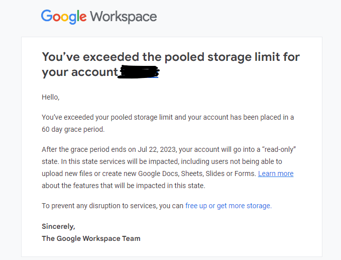 Email from Google about exceeded storage limit on Google Drive